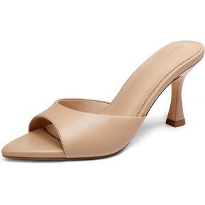 Women's Khaki Heeled Mules Pointed Peep Toe High Heels Slip On Backless Mule